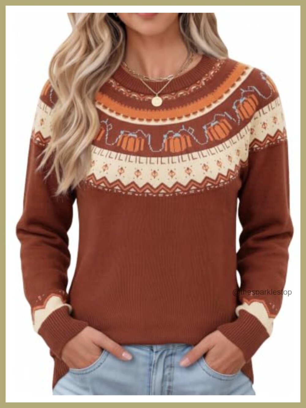 Womens Lightweight Fair Isle Sweater Raglan Sleeve Crew Neck Knit Pullover